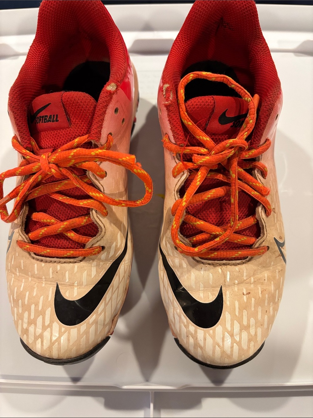 Nike Kids Red and Cream Softball Cleats with Orange Laces Size 3.5
